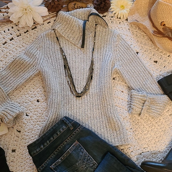 SWEATER GRAY BLACK WITH LEATHER TRIM RIBBED SIZE M - Picture 14 of 16